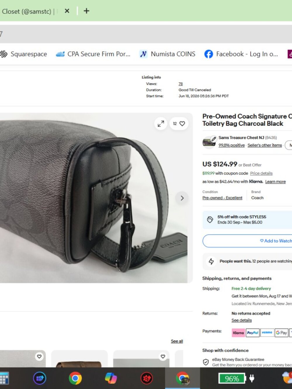 Pre-Owned Coach Signature Canvas Small Travel Kit Toiletry Bag Charcoal Black - Picture 9 of 14